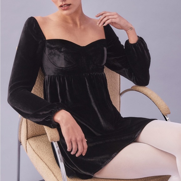 {Reformation} Black Chestnut Silk Velvet Babydoll Dress, Size 0 - Picture 12 of 12